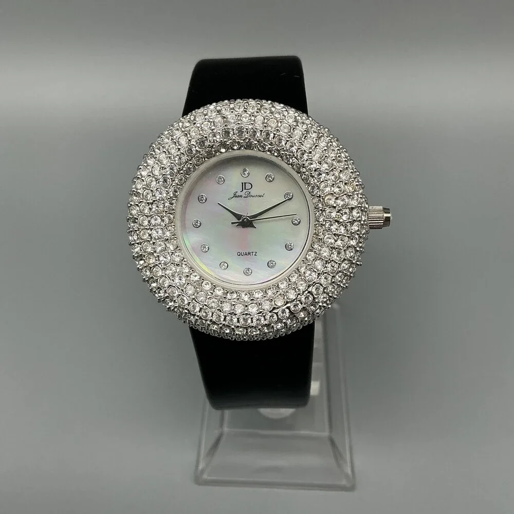Jean Dousset Womens Watch 36mm White Dial Crystal Bezel Silver Tone New Battery